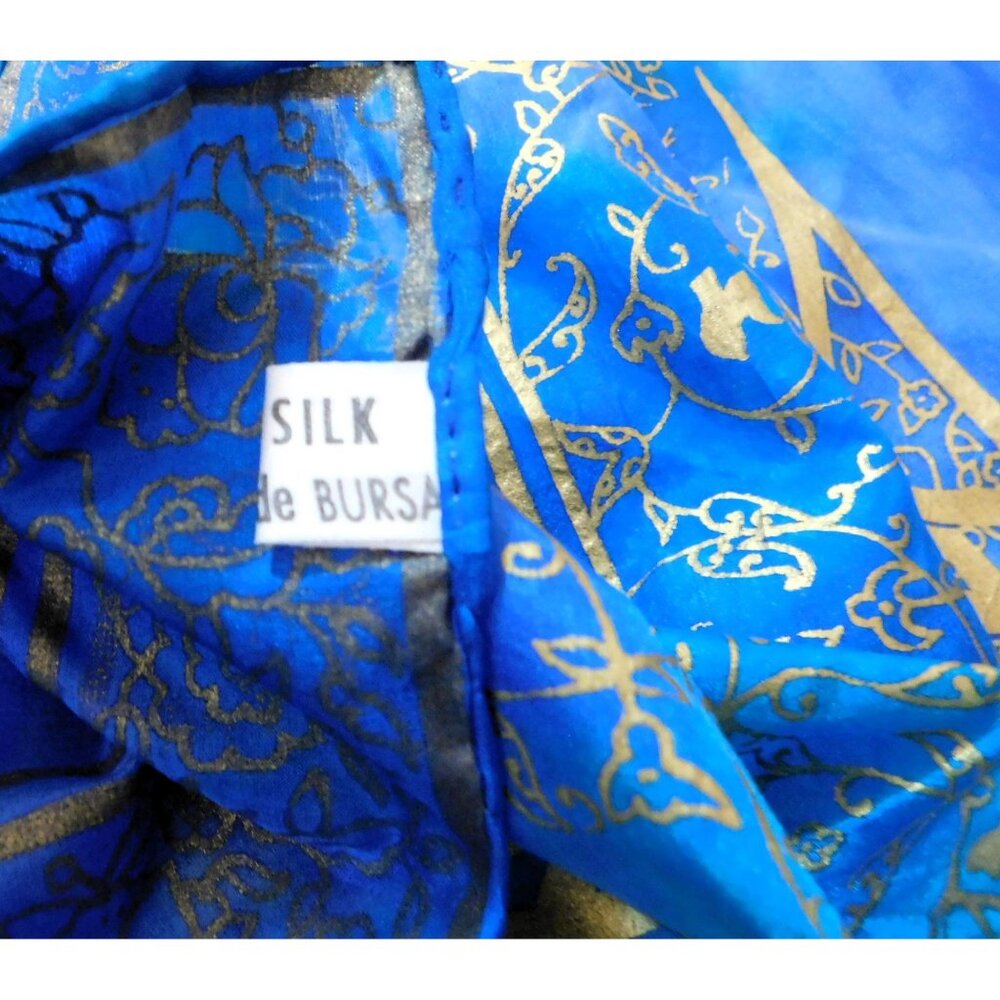 Silk Wrap Made In Bursa 16" X 53" Rectangular Scarf Blue Gold Pattern Design - Picture 7 of 7